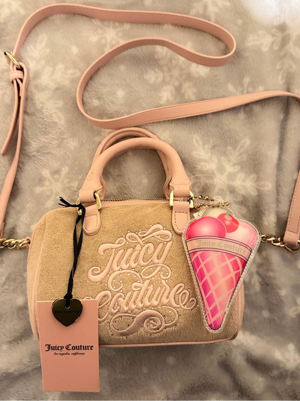 Juicy Couture Blush Pink Suede Crossbody Satchel With Ice Cream Charm